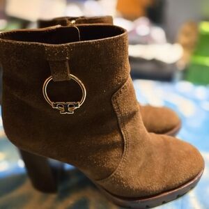 Brown Suede Ankle Boots with Gold Accent
